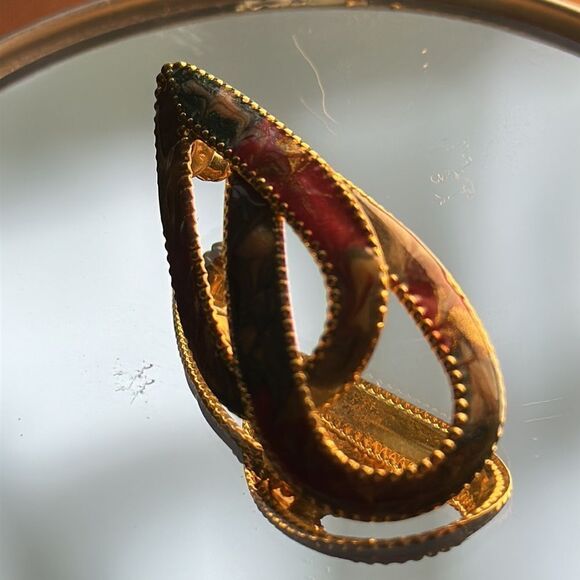 Vintage 80s double teardrop red, green & cream swirl paint gold post earrings - Picture 3 of 5